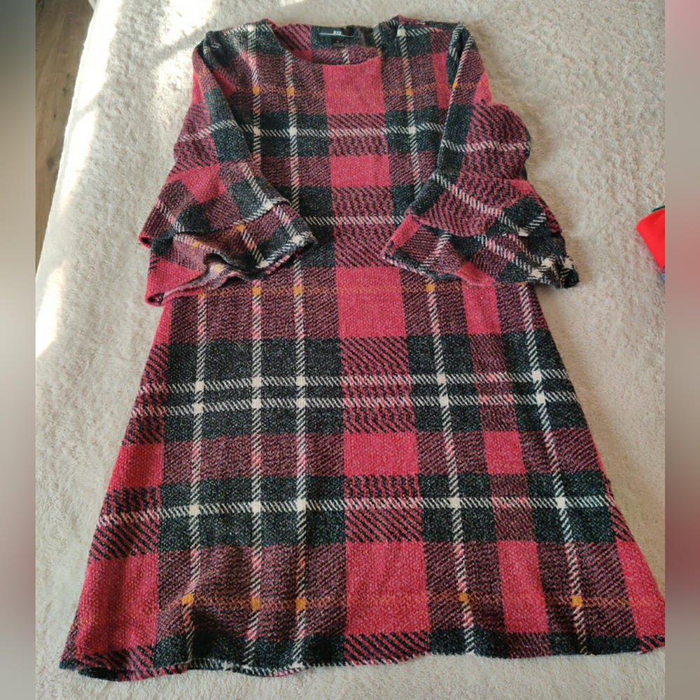 R&K  Womens Size 6 Red Tartan Plaid 3/4 Sleeve Shift Dress